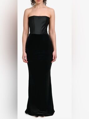 Strapless Black Satin & Velvet Maxi Dress
